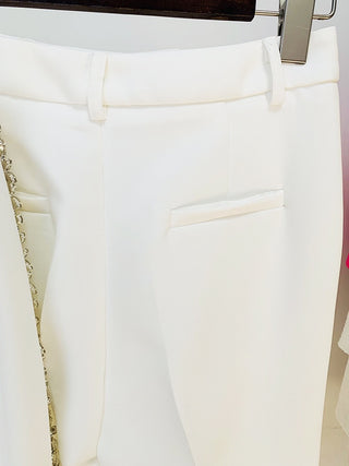 White Embellished Two-Piece Suit Set with Blazer and Flared Pants
