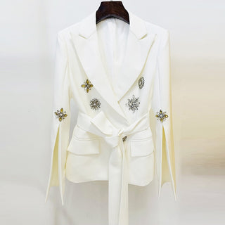 White Embellished Belted Blazer with Crystal Brooch Details