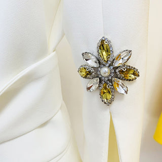 White Embellished Belted Blazer with Crystal Brooch Details