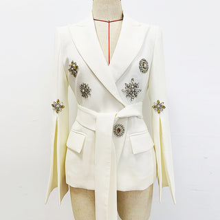 White Embellished Belted Blazer with Crystal Brooch Details