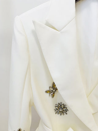White Embellished Belted Blazer with Crystal Brooch Details