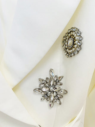 White Embellished Belted Blazer with Crystal Brooch Details