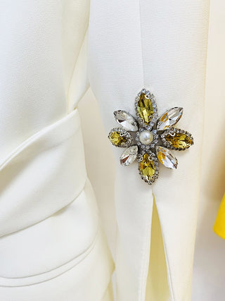 White Embellished Belted Blazer with Crystal Brooch Details