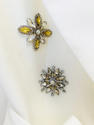 White Embellished Belted Blazer with Crystal Brooch Details