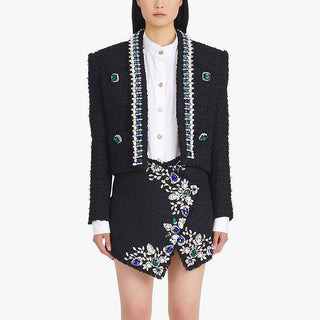 Tweed Cropped Jacket with Jewel Embellishments and Pearl Trim