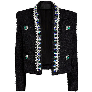 Tweed Cropped Jacket with Jewel Embellishments and Pearl Trim