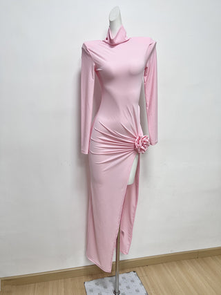High Neck Long Sleeve Dress with Side Flower Detail and Slit