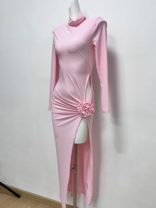 High Neck Long Sleeve Dress with Side Flower Detail and Slit