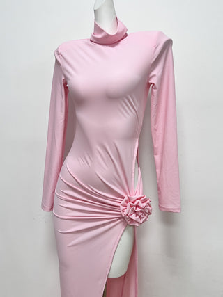 High Neck Long Sleeve Dress with Side Flower Detail and Slit
