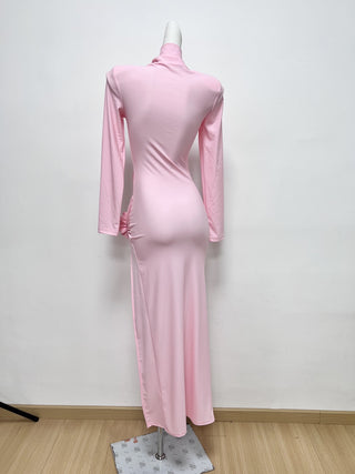 High Neck Long Sleeve Dress with Side Flower Detail and Slit