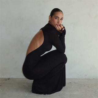 Open-Back Long Sleeve Maxi Dress with High Neck