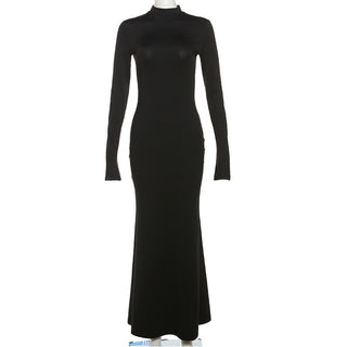 Open-Back Long Sleeve Maxi Dress with High Neck