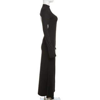 Open-Back Long Sleeve Maxi Dress with High Neck