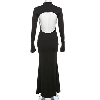 Open-Back Long Sleeve Maxi Dress with High Neck