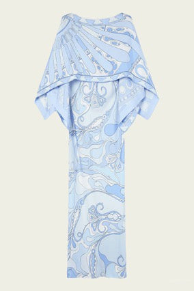 Printed Cape Sleeve Long Dress with Draped Overlay