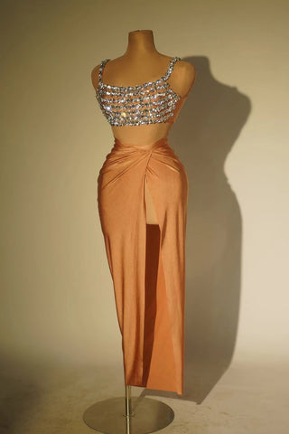 Rhinestone Embellished Crop Top and Draped Slit Skirt Set
