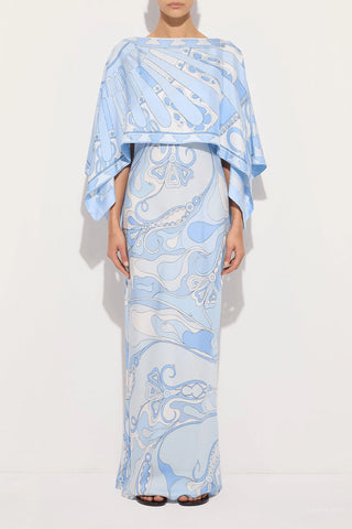 Printed Cape Sleeve Long Dress with Draped Overlay