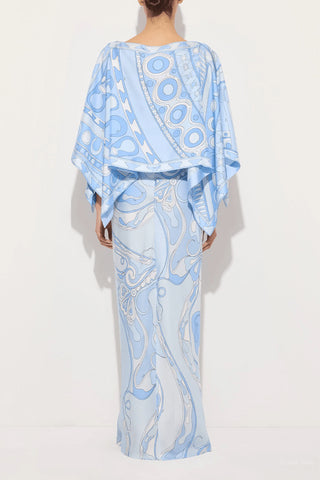 Printed Cape Sleeve Long Dress with Draped Overlay