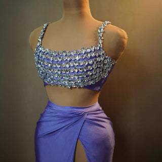 Rhinestone Embellished Crop Top and Draped Slit Skirt Set