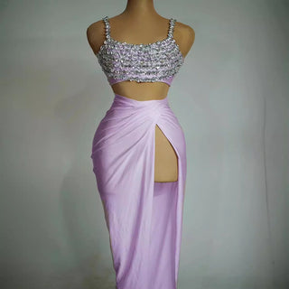 Rhinestone Embellished Crop Top and Draped Slit Skirt Set