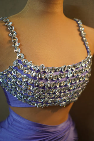 Rhinestone Embellished Crop Top and Draped Slit Skirt Set