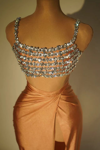 Rhinestone Embellished Crop Top and Draped Slit Skirt Set
