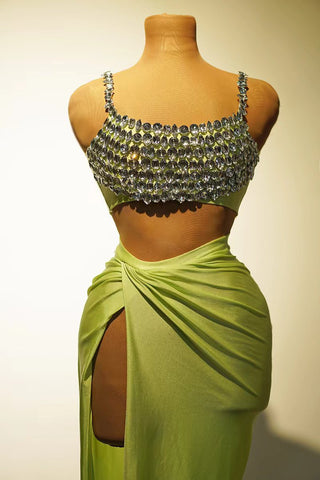 Rhinestone Embellished Crop Top and Draped Slit Skirt Set