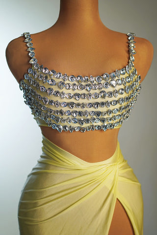 Rhinestone Embellished Crop Top and Draped Slit Skirt Set