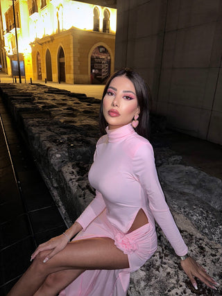 High Neck Long Sleeve Dress with Side Flower Detail and Slit