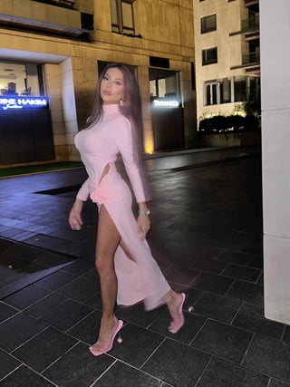High Neck Long Sleeve Dress with Side Flower Detail and Slit