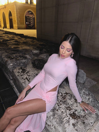 High Neck Long Sleeve Dress with Side Flower Detail and Slit