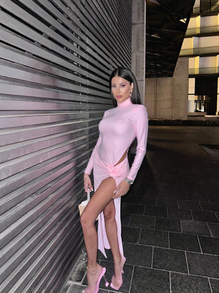 High Neck Long Sleeve Dress with Side Flower Detail and Slit