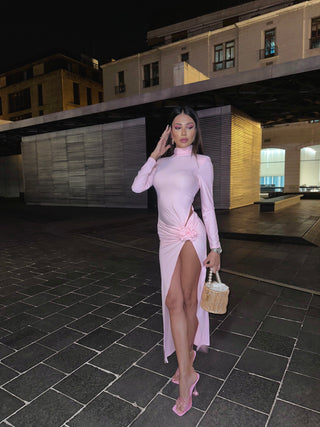 High Neck Long Sleeve Dress with Side Flower Detail and Slit