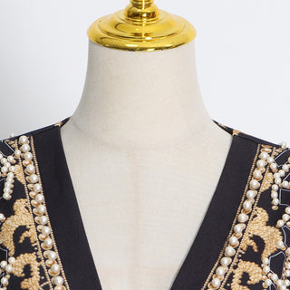 Embellished V-Neck Jacket with Pearl Detailing
