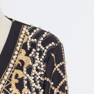 Embellished V-Neck Jacket with Pearl Detailing
