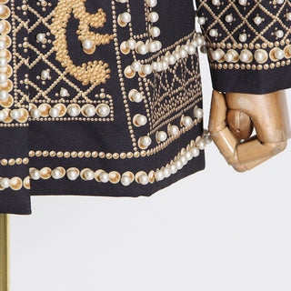Embellished V-Neck Jacket with Pearl Detailing