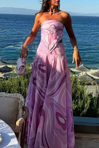 Retro Swirl Satin Two-Piece Set – Scarf Tie Crop Top & High-Waist Long Skirt