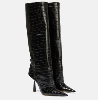 Croc-Embossed Knee-High Stiletto Leather Boots