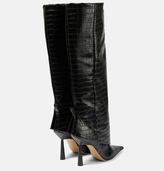 Croc-Embossed Knee-High Stiletto Leather Boots