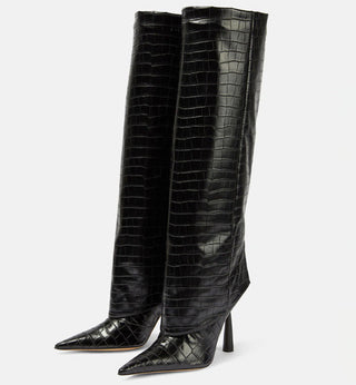 Croc-Embossed Knee-High Stiletto Leather Boots