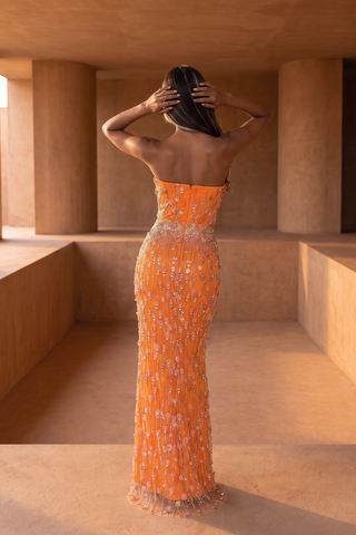 Pearl & Crystal Embellished Strapless Long Dress