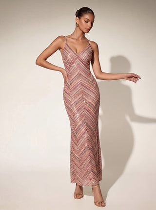 Chevron Sequin Long Evening Dress with Open Cross-Back