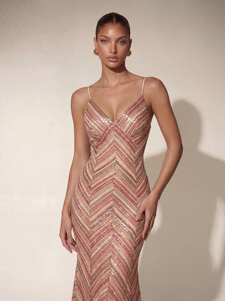 Chevron Sequin Long Evening Dress with Open Cross-Back
