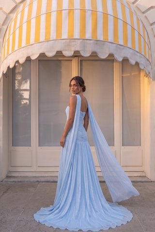 Scarf Neck Draped Pleated Chiffon Strapless Long Dress