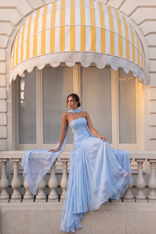 Scarf Neck Draped Pleated Chiffon Strapless Long Dress
