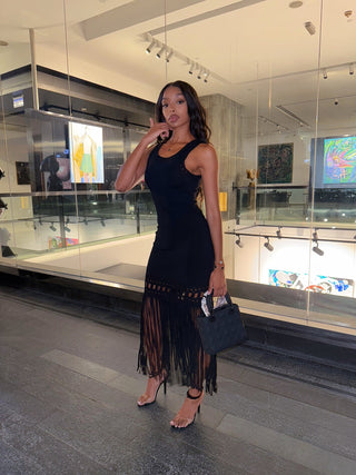 Boho Chic Black Knit Midi Dress with Crochet Detailing & Long Fringe