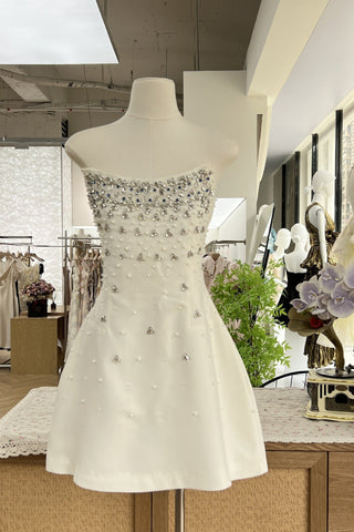 Elegant Strapless Embellished Mini Dress – White/Black