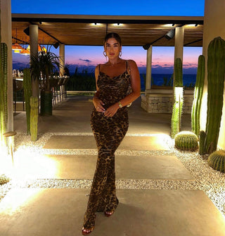 Leopard See Through Backless Long Dress