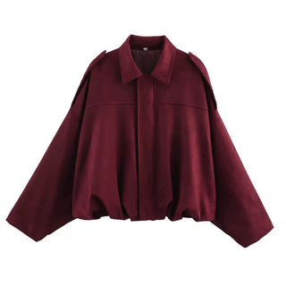 Oversized Faux Suede Jacket with Shoulder Flap Detail and Elastic Hem