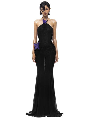 Butterfly Halter Mermaid Long Dress with Side Cutouts